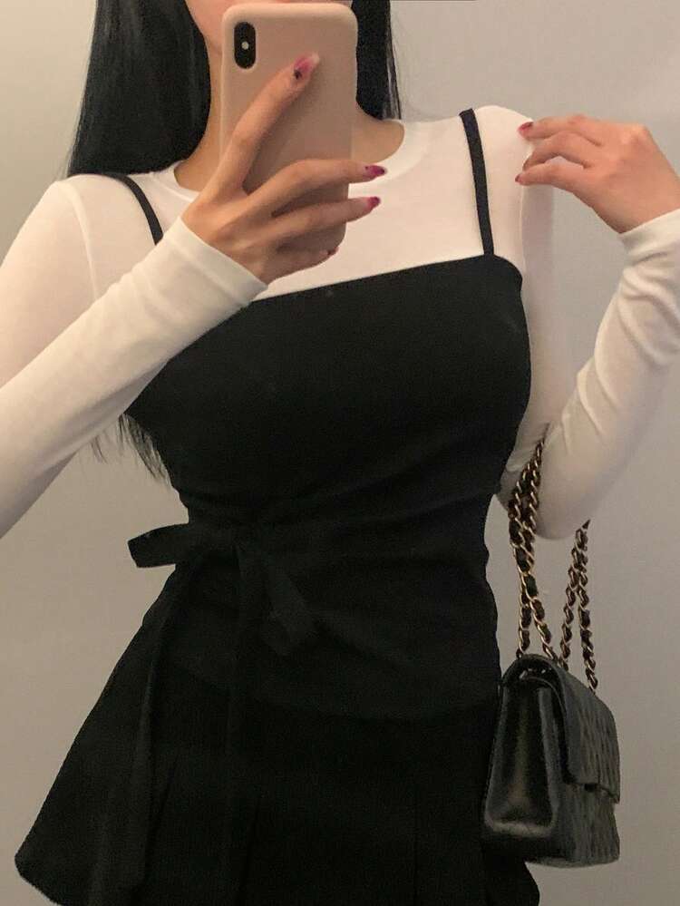 Women's Round Neck Waist Ruched Twist Design 2 In 1 Fashionable Versatile Commuting Long Sleeve T-Shirt