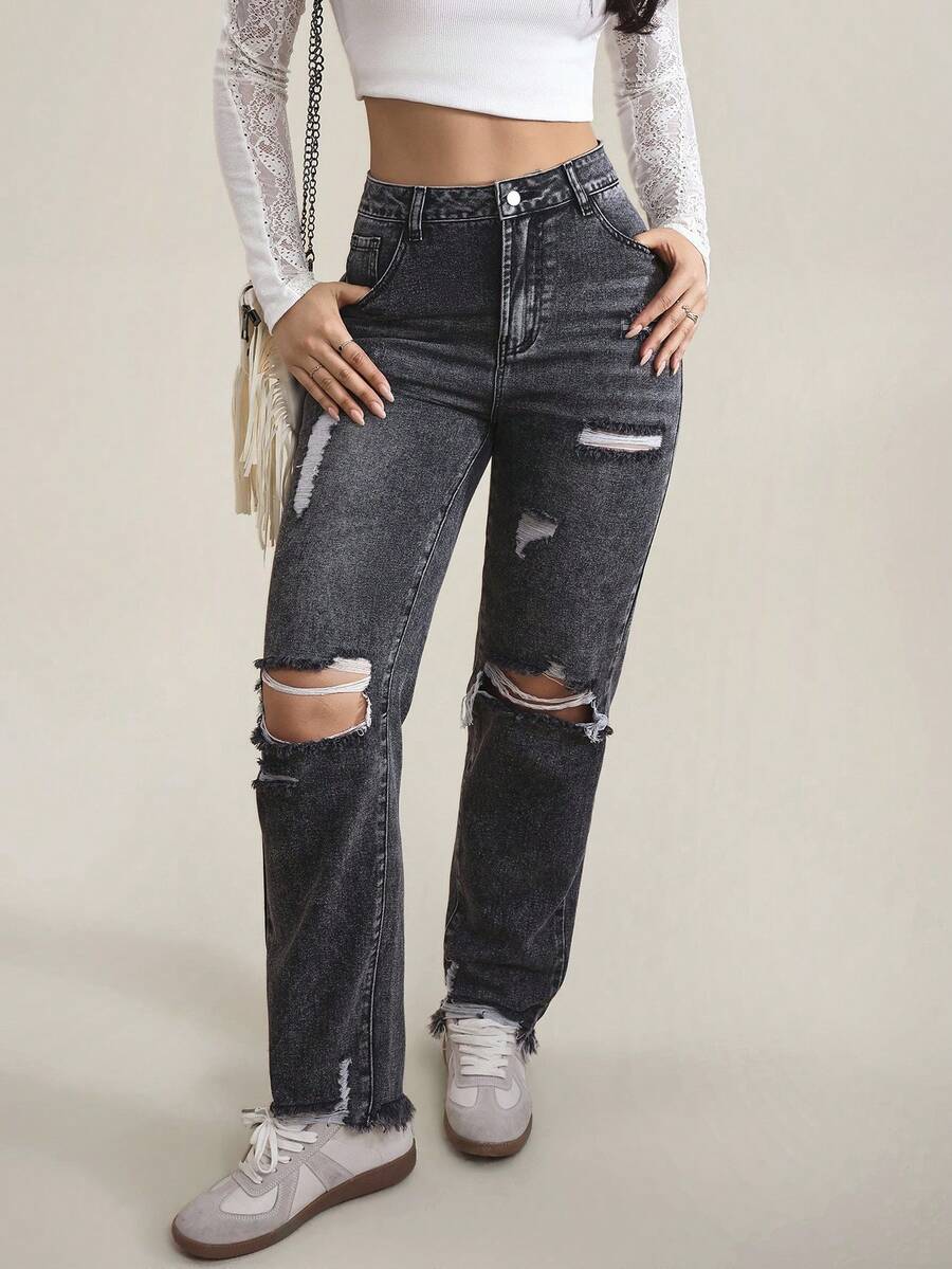 SHEIN Tall Women's Casual Versatile Commuting Distressed Pocket Button Frayed Hem Denim Jeans - Grey - View 1