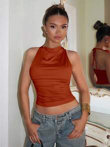 Glamine Elegant Red Christmas Party Sleeveless Spaghetti Strap Top For Women, Winter Silk Top Sleeveless Top Rust Brown Top Brown Crop Top Draped Neck Top - Orange - View 3