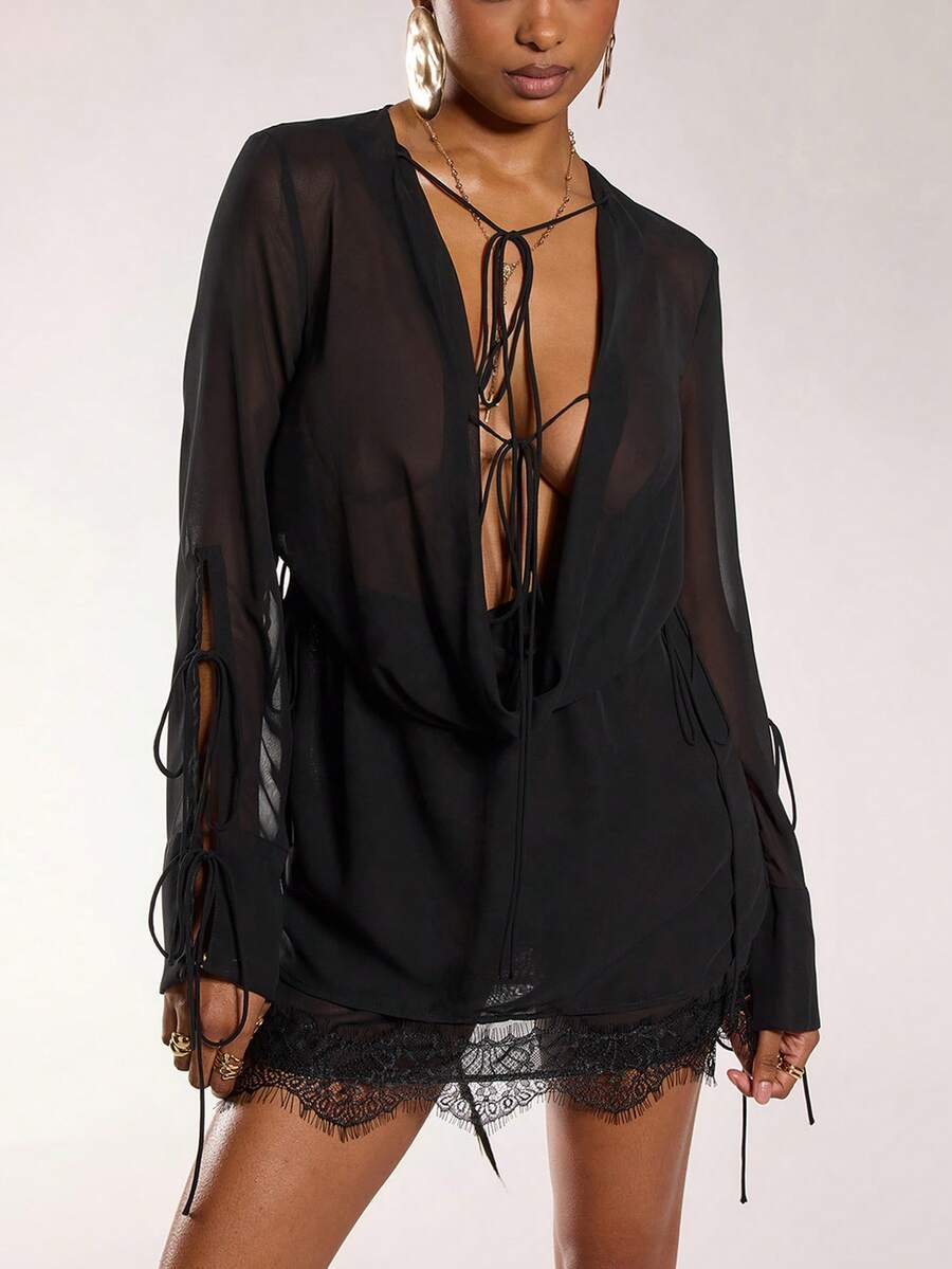 Normani Women's Deep V-Neck Tie-Up Contrast Lace Sexy Party Mini Dress - Black - View 1