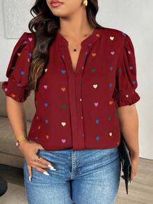 EMERY ROSE 大码女式梭织印花休闲夏季衬衫，适合新年、情人节、感恩节、圣诞节、复活节、国庆节、舞会、除夕夜、圣诞派对、圣诞装饰、圣诞睡衣、春季假日等场合。爱心图案V领衬衫，尺码S，可爱女式衬衫，纽扣V领女式衬衫，可爱女式衬衫，女式衬衫。 - 紅色 - 查看 7