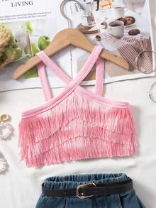 Young Girls' Fashionable Multi-Layer Tassel Design Halter Neck Top, Suitable For Summer Daily Activities - Pink - View 1