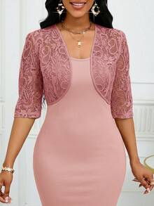 SHEIN Lady 女士花卉蕾丝七分袖开襟短款轻薄外套，适合秋冬季女性办公室穿着 - 藕粉色 - 查看 1