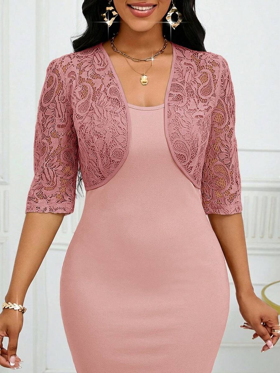 SHEIN Lady 女士花卉蕾丝七分袖开襟短款轻薄外套，适合秋冬季女性办公室穿着 - 藕粉色 - 查看 1