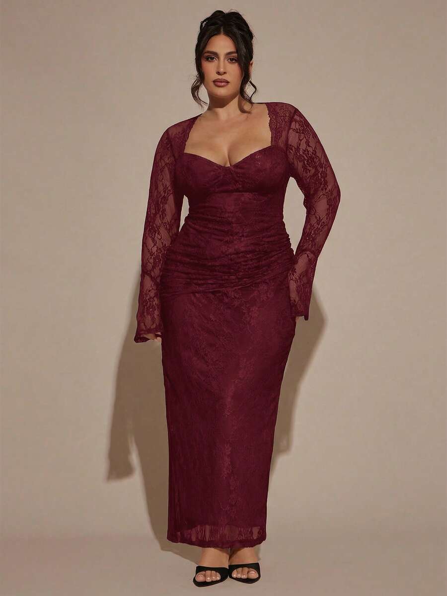 SHEIN BAE 大码女式蕾丝长袖连衣裙，优雅连衣裙 - 酒紅色 - 查看 1