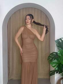 Andrea Bello Women's Halter Neck Chiffon Dress With Ruffled Bust Pads And Flowy Skirt - Camel - View 5