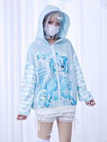 ROMWE EDITION Anime Style Blue & White Plaid Contrast Stripe Print Hooded Loose Sweatshirt Jacket - Multicolor - View 1