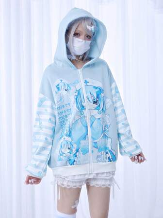 Kawaii Anime Style Blue & White Plaid Contrast Stripe Print Hooded Loose Sweatshirt Jacket