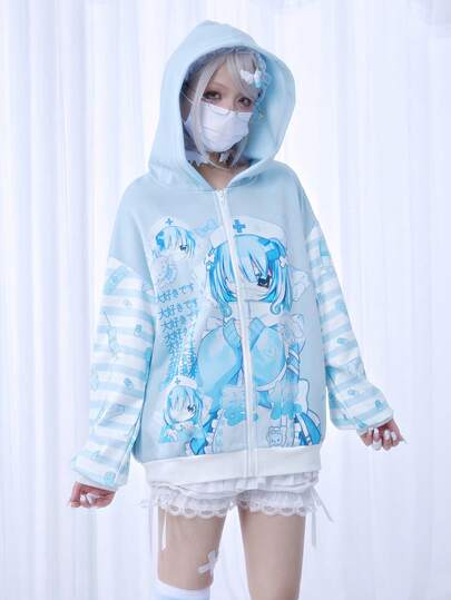 Kawaii Anime Style Blue & White Plaid Contrast Stripe Print Hooded Loose Sweatshirt Jacket