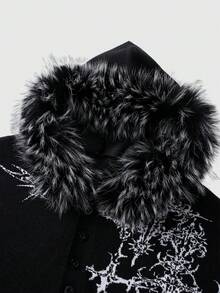 ROMWE MEN Goth 男士休闲图案拼接毛边连帽衫，秋冬款 - 黑色 - 查看 3