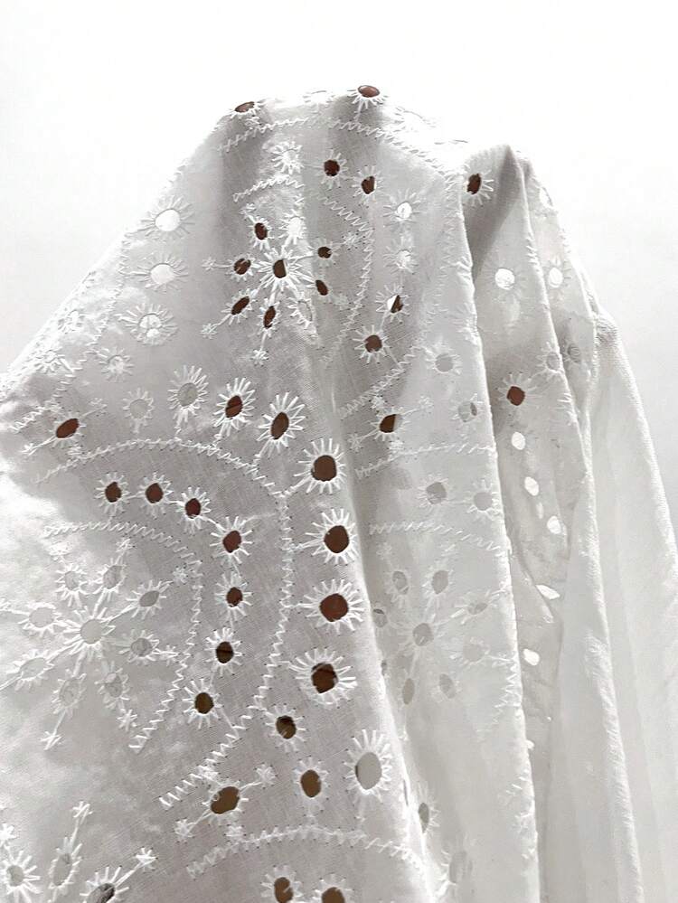Plus Size Casual Solid Color Hollow Out Embroidery Patchwork Dress For Summer/ Vacation Vacation Outfits Women Holiday Outfits For Women Beach Vacation Outfits For Women White Eyelet Dress White Midi Dress White Boho Dress Bohemian, Summer Dresses