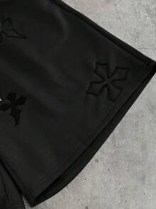 AXEPEAK 男士夏季休闲十字绣抽绳腰短裤 - 黑色 - 查看 5