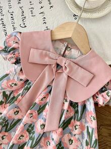 LMoss Kids LMoss   Baby Girl Woven Colorblock Peter Pan Collar Floral Puff Sleeve Casual Dress,فستان وردي,,فستان,تنوره,فساتين بنات,ملابس اطفال,Pink Dress,Baby Girls Clothes,Summer Clothes,Suitable For Everyday Life, Parties, Birthdays, And Celebrations In Spring And Summer. - Multicolor - View 5