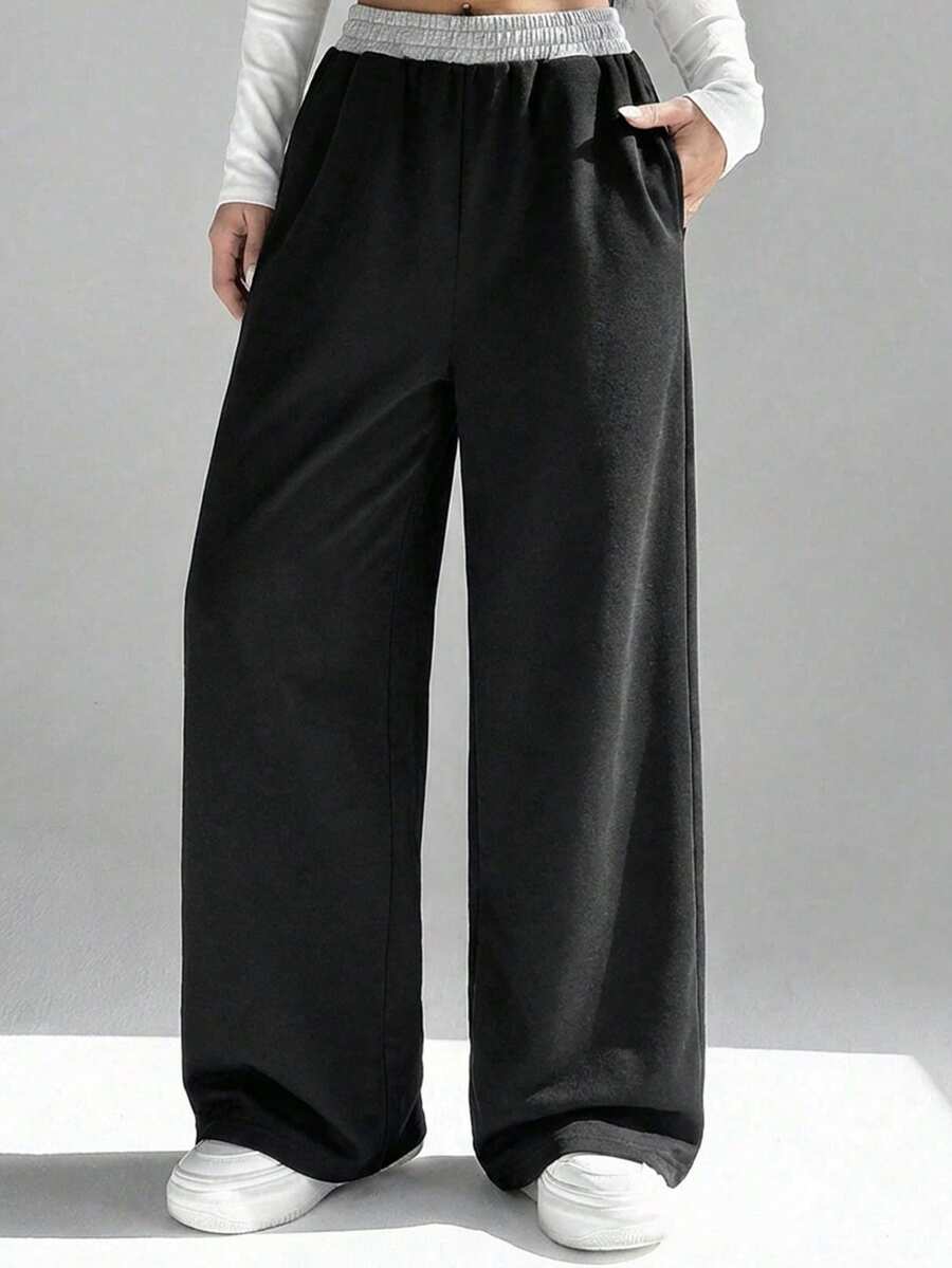 SHEIN Pantalones jogger de niña preadolescente de estilo casual de calle con cintura con cordón y contraste de color - Negro - Ver 1