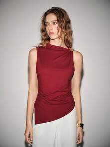 Lumivelle Áo hai dây dáng ôm, thời trang thường ngày, có trang trí kim loại và xếp ly ở eo. - Màu Đỏ Sâu - Xem 4