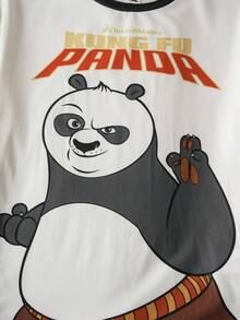SHEIN Kung Fu Panda Tween Boy Comfortable Panda Print Short Sleeve T-Shirt And Pants Pajama Set, Summer - Black and White - View 5