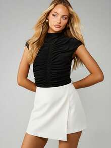 MISSGUIDED High-Waisted Wrap Front Skort Asymmetrical Hem Mini Bottom Summer Layered Look Fashion Piece - Cream - View 5