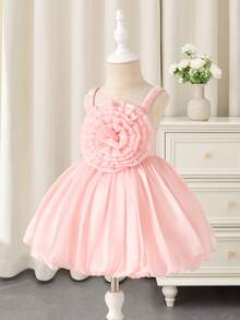 Glamorique Kids Baby Girls' Shiny Tulle Big Floral 3D Flower Decor Spaghetti Strap Puff Dress, Flower Girl Dress For Wedding, Birthday, Stage Performance, Party