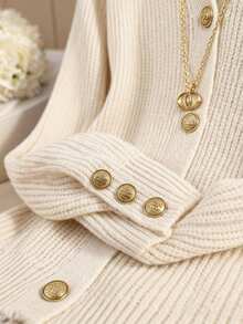 SHEIN Franclia Early Spring New Fashionable Commuter Elegant Versatile Loose Relaxed 3D Ribbed Apricot V-Neck Long Sleeve Cardigan With Distinctive Metal Buttons For Women