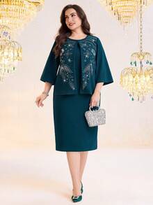 Modelyn 大码女士优雅花卉水钻装饰喇叭袖外套和修身无袖连衣裙套装，适合派对、办公室、机场、通勤、家庭聚会、宴会、商务场合穿着 - 藍色 - 查看 6