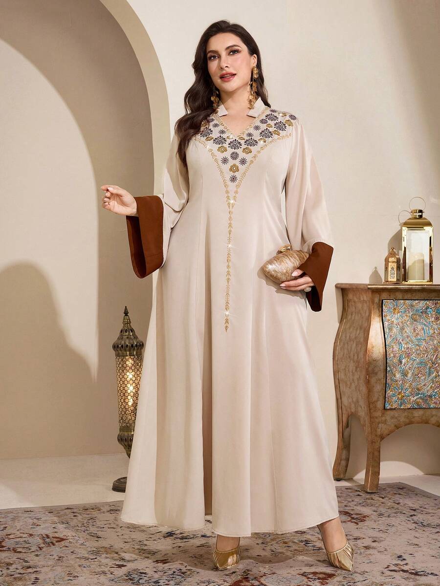 Al Najma 大码女式优雅花卉刺绣阿拉伯风格连衣裙