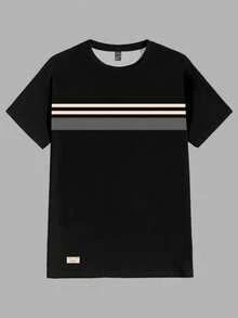 Manfinity Homme Stylish Casual Contrast Stripe Patchwork Print Short Sleeve T-Shirt For Men, Slim Fit, Essential For Dates And Gatherings, Suitable As Gift For Boyfriend - Black - View 2