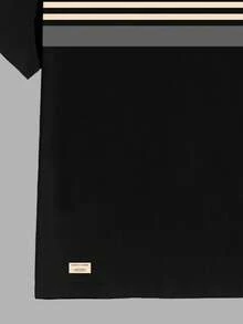 Manfinity Homme Stylish Casual Contrast Stripe Patchwork Print Short Sleeve T-Shirt For Men, Slim Fit, Essential For Dates And Gatherings, Suitable As Gift For Boyfriend - Black - View 4