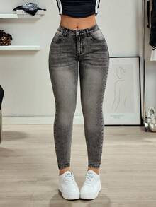 SHEIN Tall Hochbund Mode Katzenbart geWashed Skinny Jeans - Hellgrau - Übersicht 5