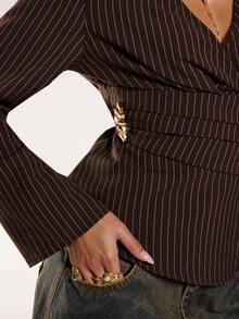 Normani Women's V-Neck Striped Metal Decor Ruched Asymmetric Hem Fashionable Versatile Commuter Bell Sleeve Blouse - Brown - View 5
