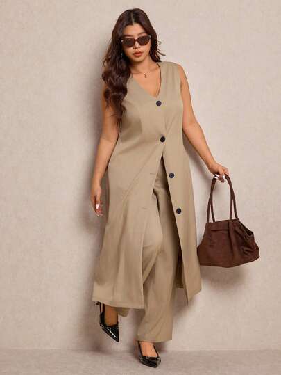 Elaquor Plus Size Women V-Neck Single-Breasted Long Vest Top And Wide Leg Pants Casual Suit Set, Versatile For Work And Commute Plus Size Pants Suit Plus Size Women Clothes Set Plus Size Office Wear Plus Size Linen Outfits Spring Outfit Women Spring Suit Sets For Women