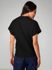 MISSGUIDED Women's Short Sleeve Knitted Sweater Top With Ribbed Neckline And Hem For Casual Everyday Wear - Black - View 2