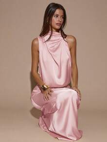 SHEIN BAE Đầm dài màu vàng kem thanh lịch, bất đối xứng, không tay, gợi cảm, tối giản, thích hợp cho tiệc tùng, cocktail, đám cưới, sinh nhật, chất liệu satin. - Màu Hồng  San hô - Xem 5