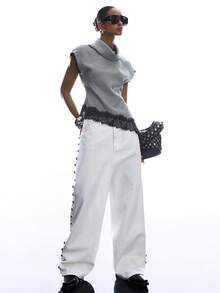 LYSMO 2026新款极简主义春夏女装时尚不对称蕾丝下摆千鸟格高领背心，情人节Y2K上衣 - 灰色 - 查看 4