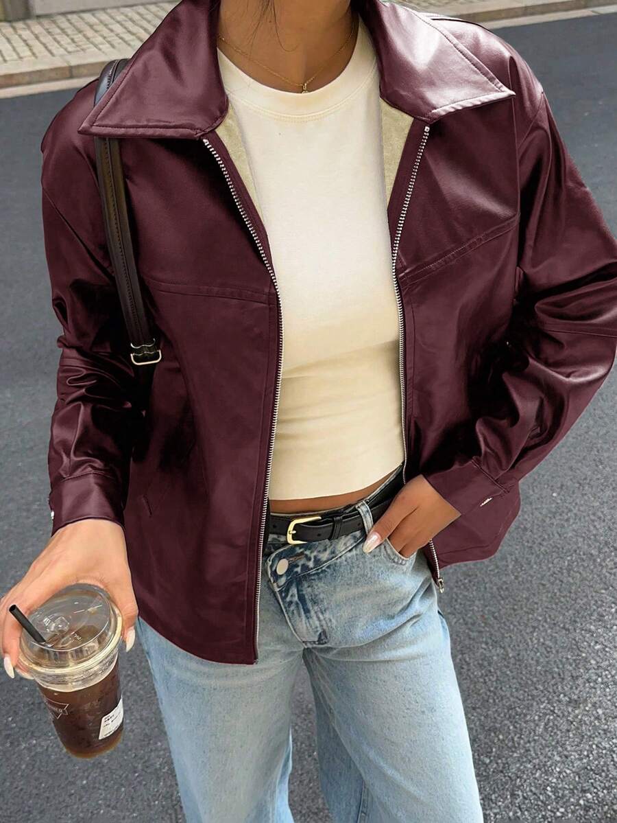 SHEIN Unity 女式纯色长袖拉链领宽松休闲PU常规夹克,秋季 - 酒紅色 - 查看 1