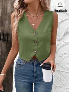 SHEIN LUNE Áo hai dây/áo vest công sở màu trơn thời trang dành cho nữ. - xanh quân đội - Xem 6