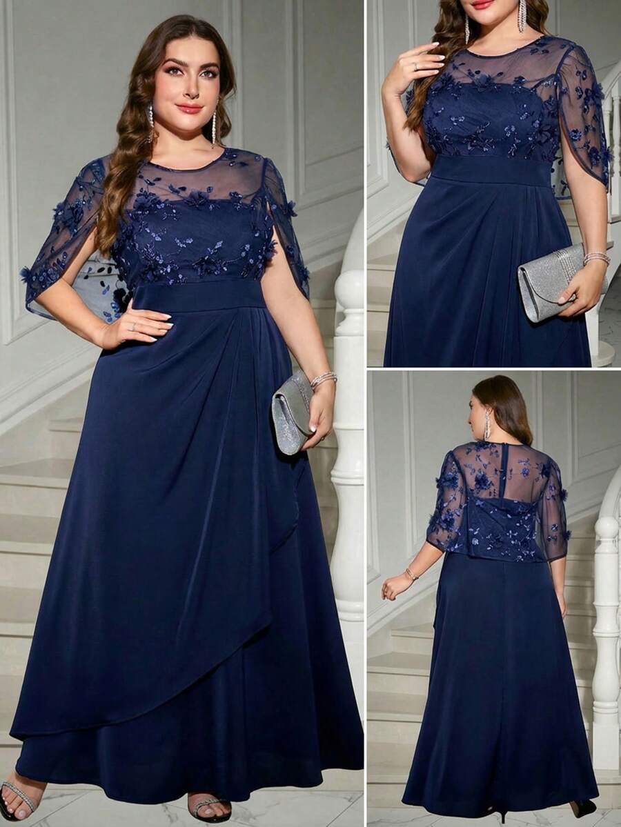 Reflora Curvy Plus-Size Women's Navy Blue Elegant Wedding Party Evening Gown,Floral Embroidered Mesh Shawl Sleeves Rhinestone Winter Formal Mother Of Bride - Navy Blue - View 1