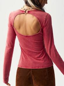 Bohemela 1 Peça Top Feminina Casual de Cor Sólida, Tricô com Recorte nas Costas, Manga Longa, Ajuste Slim, Lavada - Vermelho - Visão 2