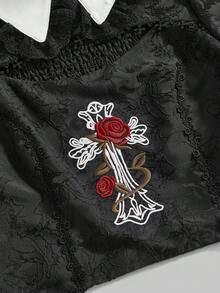 ROMWE Goth 女士哥特复古宫廷玫瑰十字刺绣吊坠项链泡泡袖衬衫 - 黑色 - 查看 3