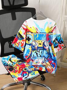 SHEIN Fantacosmos 2件組青少年男孩電玩圖案短袖T恤與短褲套裝，大膽潑墨遊戲手柄設計，白色，夏季，街頭風，城市度假，休閒穿搭 - 彩色 - 查看 2