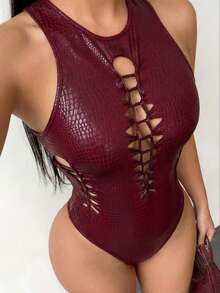 SHEIN SXY Bộ đồ liền thân khoét sâu gợi cảm dành cho nữ, màu đỏ tía, phong cách câu lạc bộ - Màu Đỏ Sâu - Xem 8