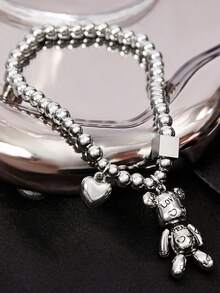 Y2Kool 1pc Elastic Rope Teddy Bear & Heart Shaped Couple Bracelet, Suitable For Women's Daily Wear And Christmas Gift Valentines - Silver - View 5