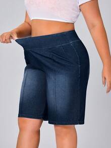 Flexra Pantalones cortos de mezclilla casuales de unicolor talla grande - Azul lavado medio - Ver 4