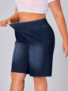 Flexra Pantalones cortos vaqueros sueltos y casuales de unicolor con bolsillos, transpirables y estilizadores para tallas grandes - Azul lavado oscuro - Ver 4