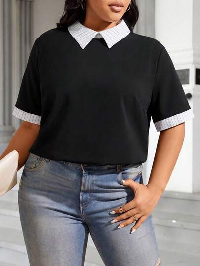 Elenzga Plus Size Women Casual Patchwork Striped Short Sleeve Shirt