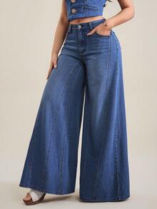 Selenza Women's Casual Washed Low Waist Wide Leg Jeans Jeans Wide Leg Flared Jean Loose Jeans Oversized Jeans Low Rise Baggy Jeans - Dark Wash - View 7