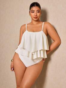 Elaquor Plus Size Women Solid Color Ruffle Trim Tankini Top And Tankini Bottom Swimsuit Set - Beige - View 4