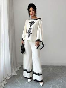 Elenzga Women's Elegant Vintage Black & White Floral Print Asymmetrical Shoulder Flare Sleeve Shirt And Wide Leg Pants 2-Piece Set, Suitable For Party, New Year, Valentine's Day, And Casual Wear In Autumn/Winter - Beige - View 3