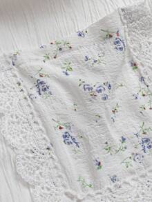 Flirla White Summer Curve Party Elegant French Retro Textured Ruffle Patchwork Ditsy Floral Tea Length Dress,Soft Ruched Collar,Flutter Sleeves,Waist Cinched - Multicolor - View 3