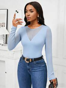 SHEIN Lady Women Autumn Elegant Mesh Splice Fitted Long Sleeve T-Shirt Valentine's Day Valentine Outfits For Women Valentine Clothes Summer Summer Clothes - Baby Blue - View 5