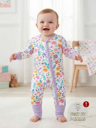 Nyfödd flicka Färgglad Ditsy Blommig Footie Pyjamas med dubbel dragkedja med vändbara fötter